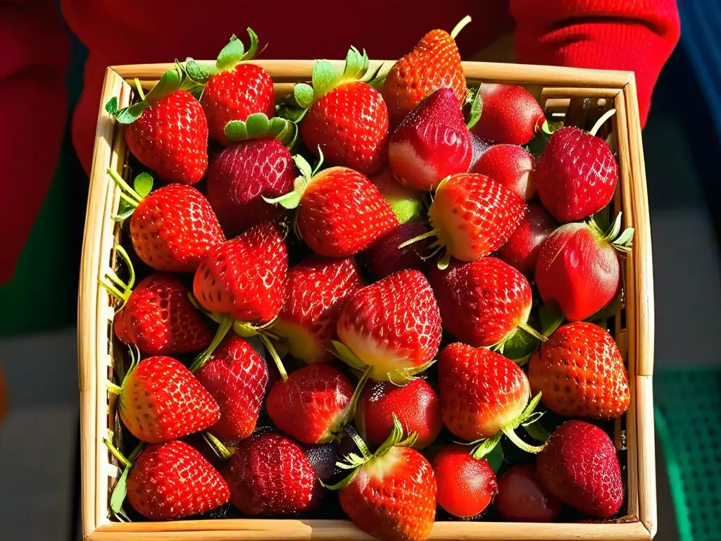 Mano seleccionando fresas jugosas de un cesto con frutas frescas y brillantes bajo suave luz natural