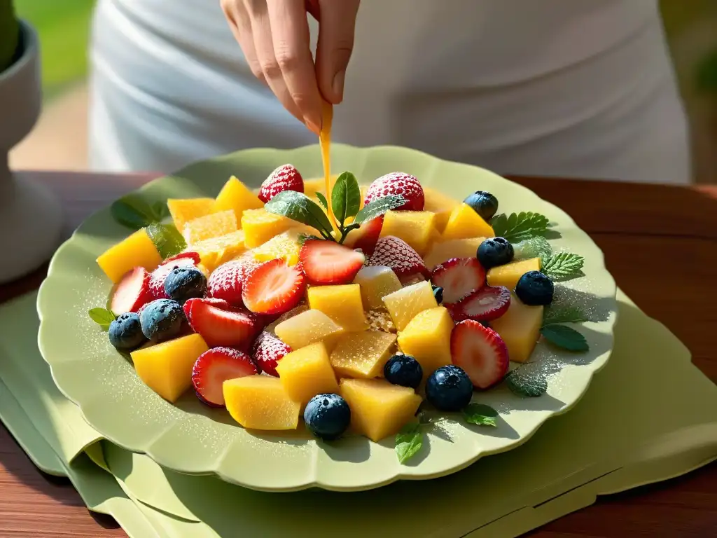 Mano esparciendo jengibre rallado sobre ensalada de frutas vibrante y colorida