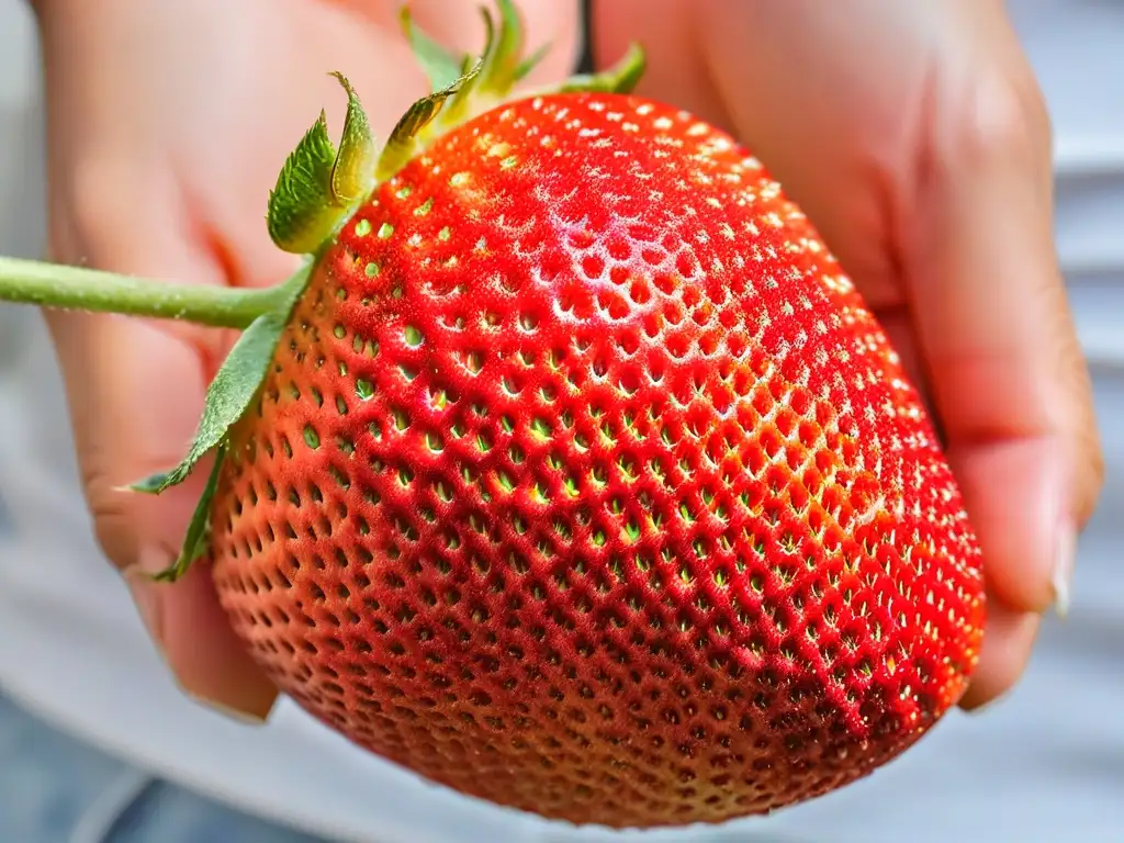 Mano exprimiendo una jugosa fresa roja, con semillas y hojas, ideal para repostería con pectina