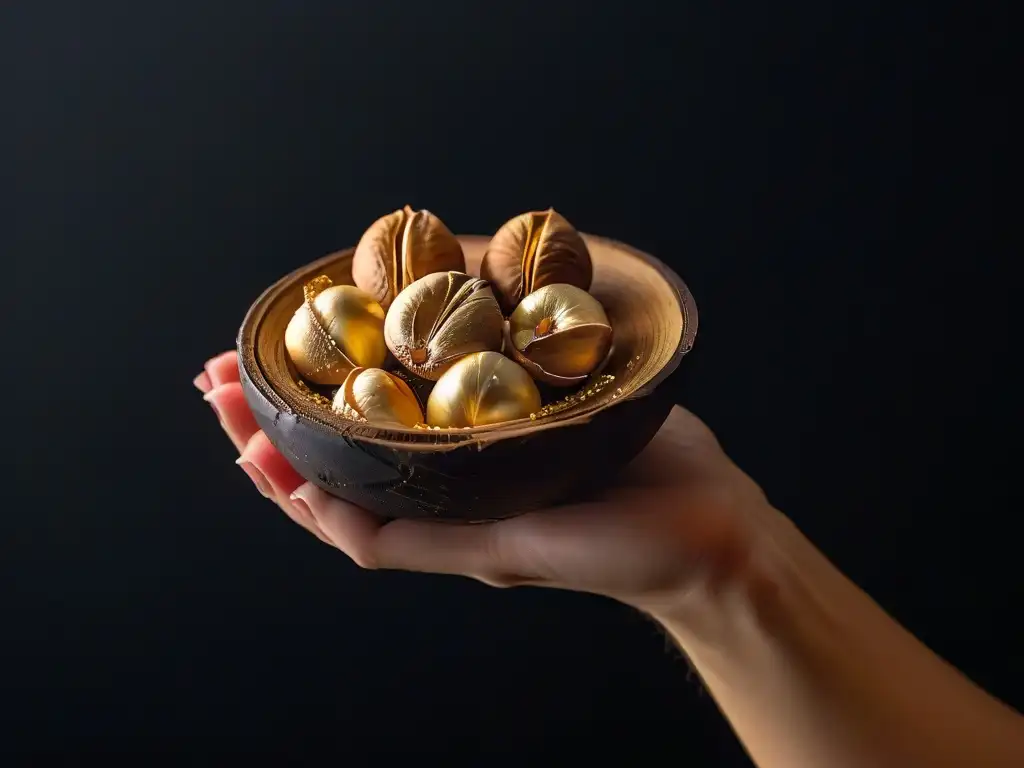 Mano sosteniendo una nuez de macadamia crujiente sobre fondo negro, destacando su textura cremosa y color dorado