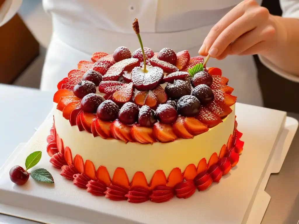 Mano de pastelero colocando cereza en pastel decorado