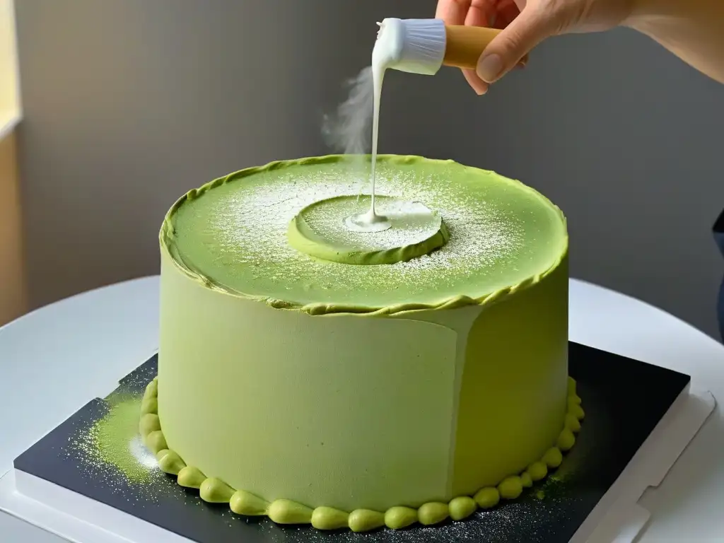 Mano espolvoreando polvo matcha verde sobre cheesecake cremoso