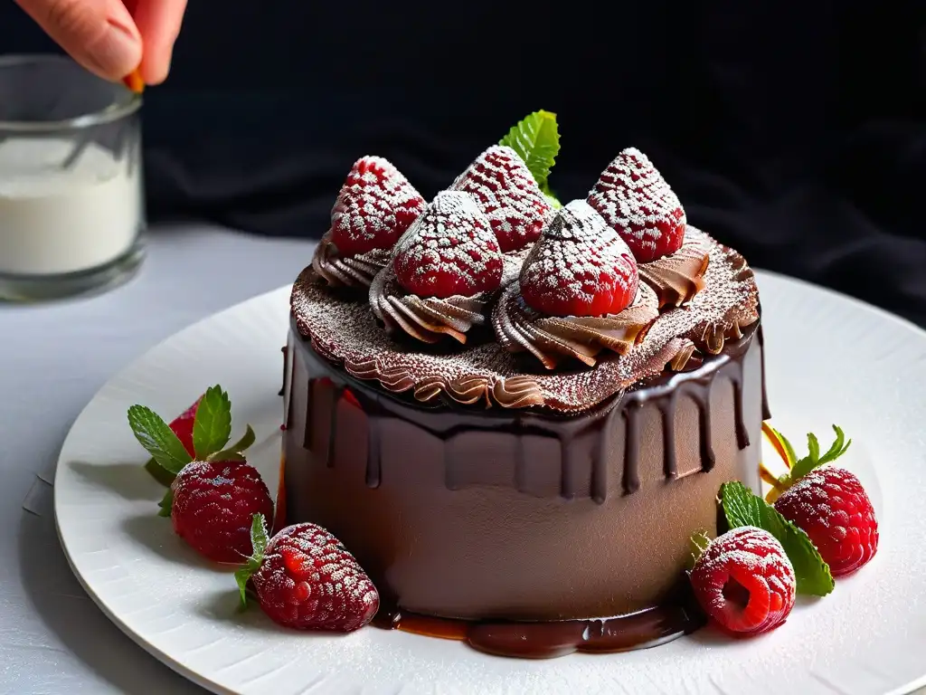 Mano espolvoreando reducción azúcar sobre postre, chocolate, frambuesas y menta en plato blanco