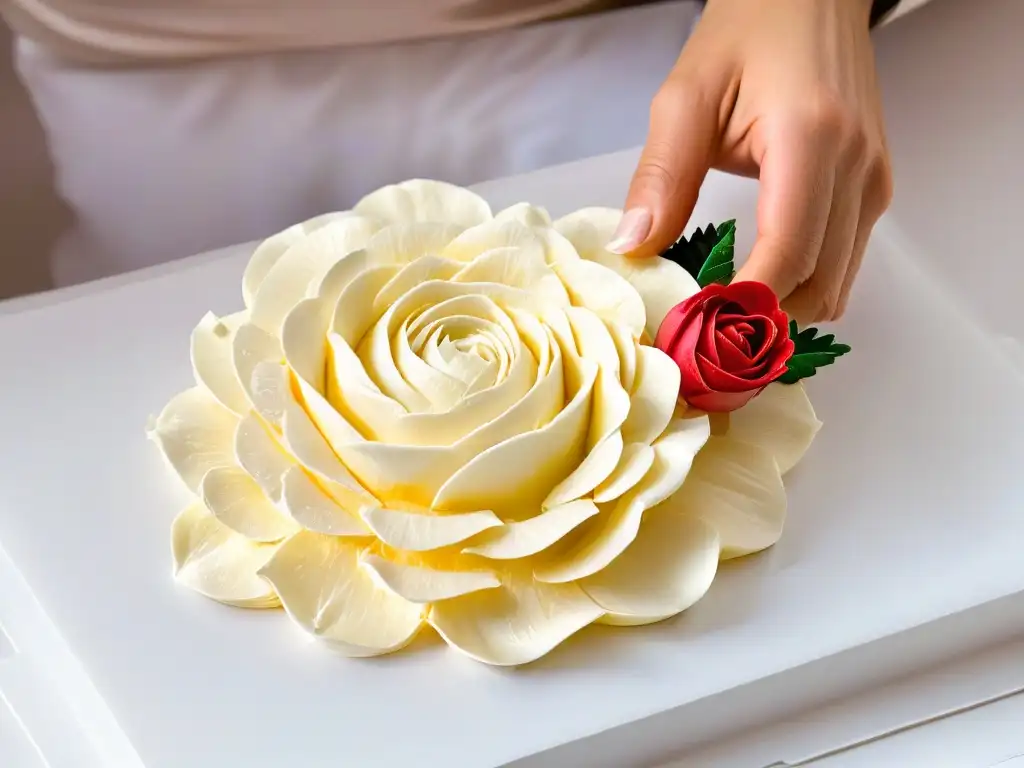 Mano de repostero creando decoraciones de rosa con restos de masa, destacando la repostería verde reciclaje