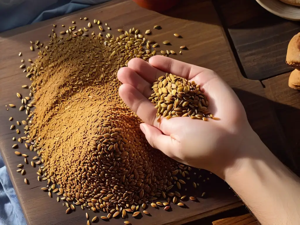 Mano esparciendo semillas de lino dorado sobre mesa de madera rústica