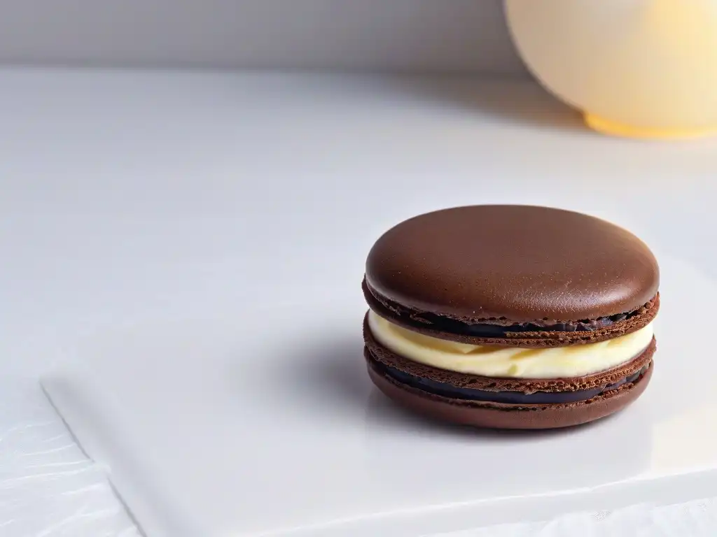 Mano sostenible sostiene macaron de chocolate, destacando su brillo y detalles, enfoque en la repostería de calidad