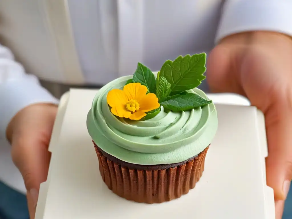 Mano sostenible sostiene exquisito cupcake con hojas verdes y flores comestibles