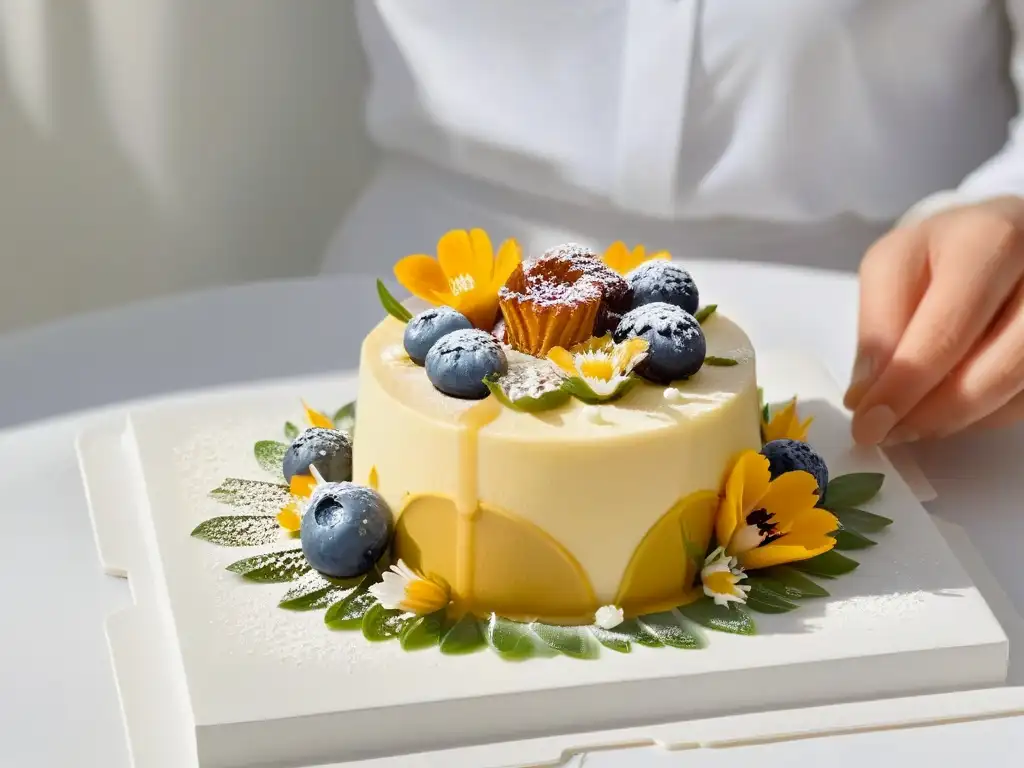 Mano sostenible sostiene postre orgánico con flores comestibles y miel