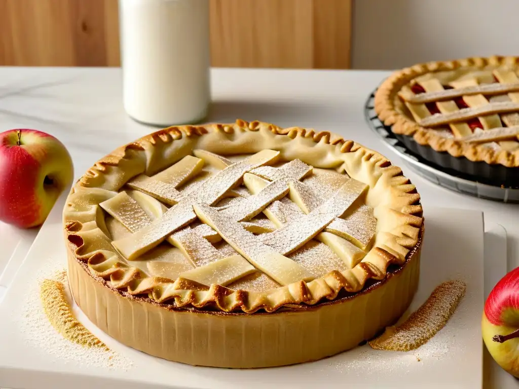 Mano espolvoreando stevia sobre pastel de manzana recién horneado en cocina moderna, sustituir azúcar postres recetas