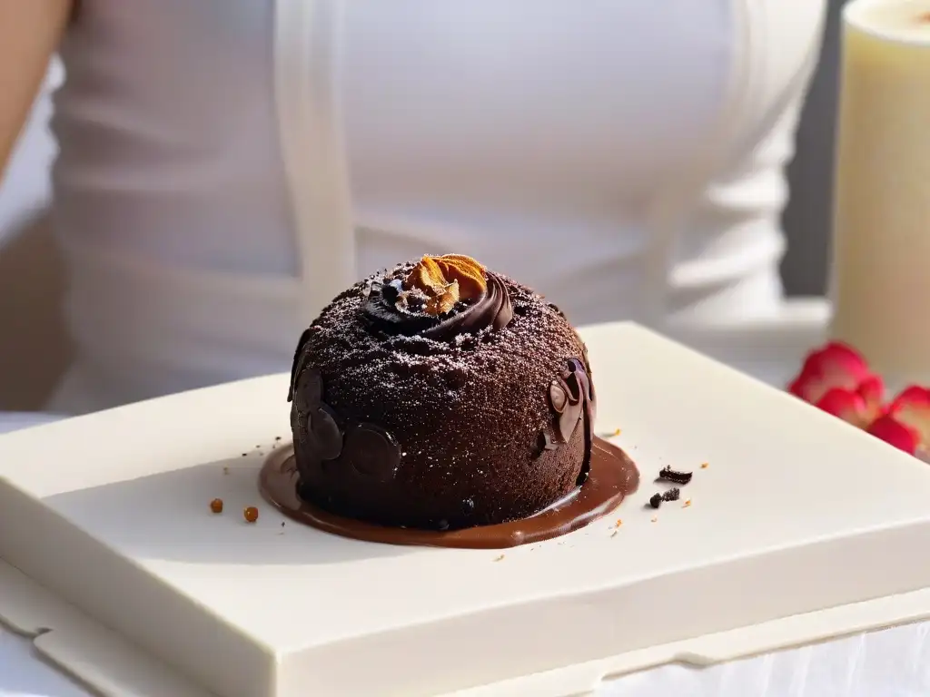 Mano sosteniendo trufa de chocolate perfectamente elaborada, con ingredientes Comercio Justo repostería