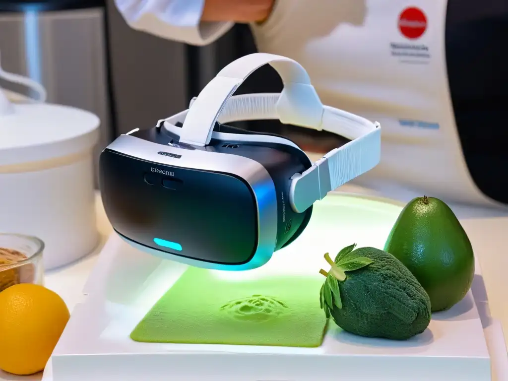 Mano sostiene visor VR con ingredientes repostería sostenible en holograma