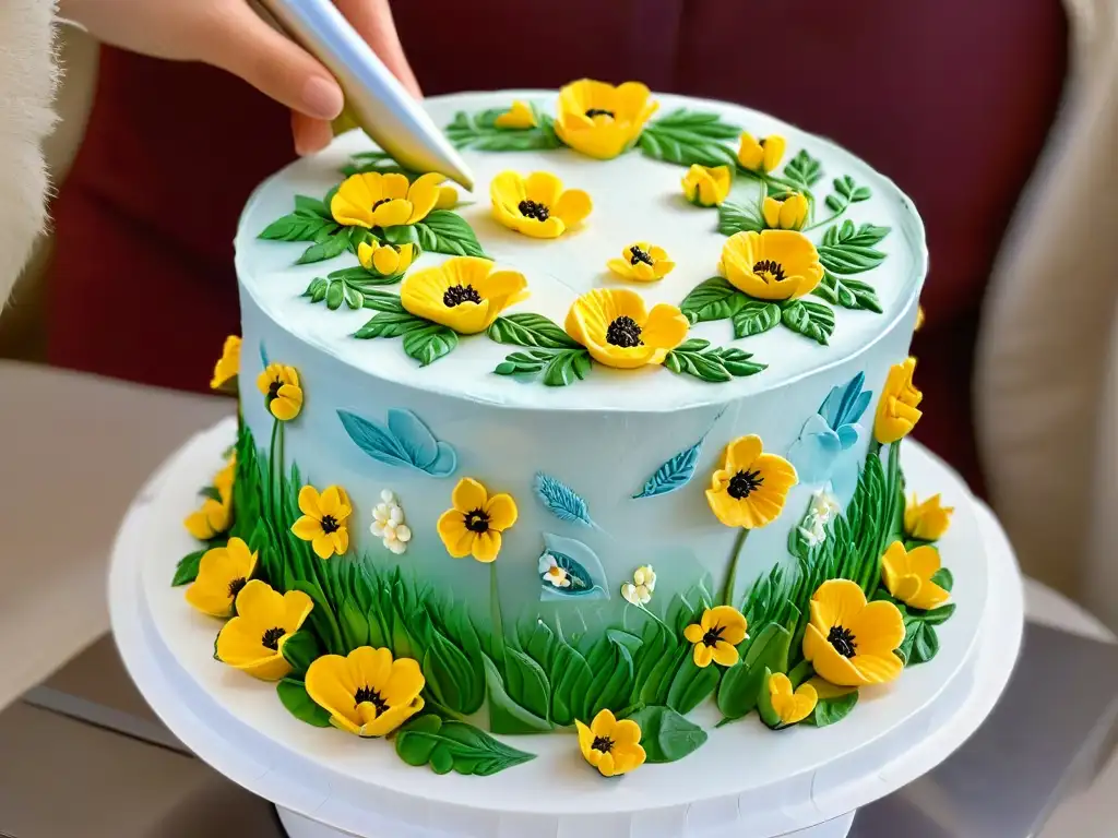 Manos de artista pintando diseños florales con pintura comestible en pastel blanco