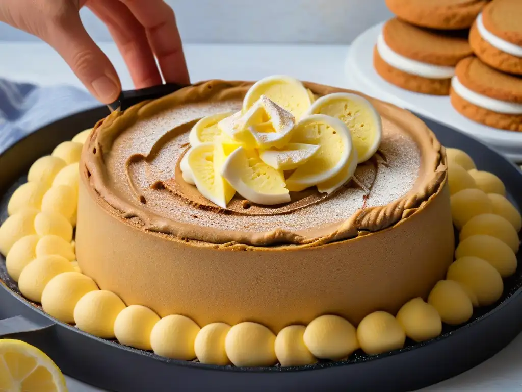 Manos preparando la base de galleta de jengibre para una tarta de queso limón gourmet