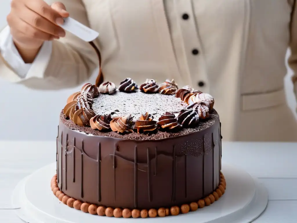 Manos espolvoreando cacao sobre pastel, resaltando el contraste y la artesanía en la repostería sostenible de Comercio Justo