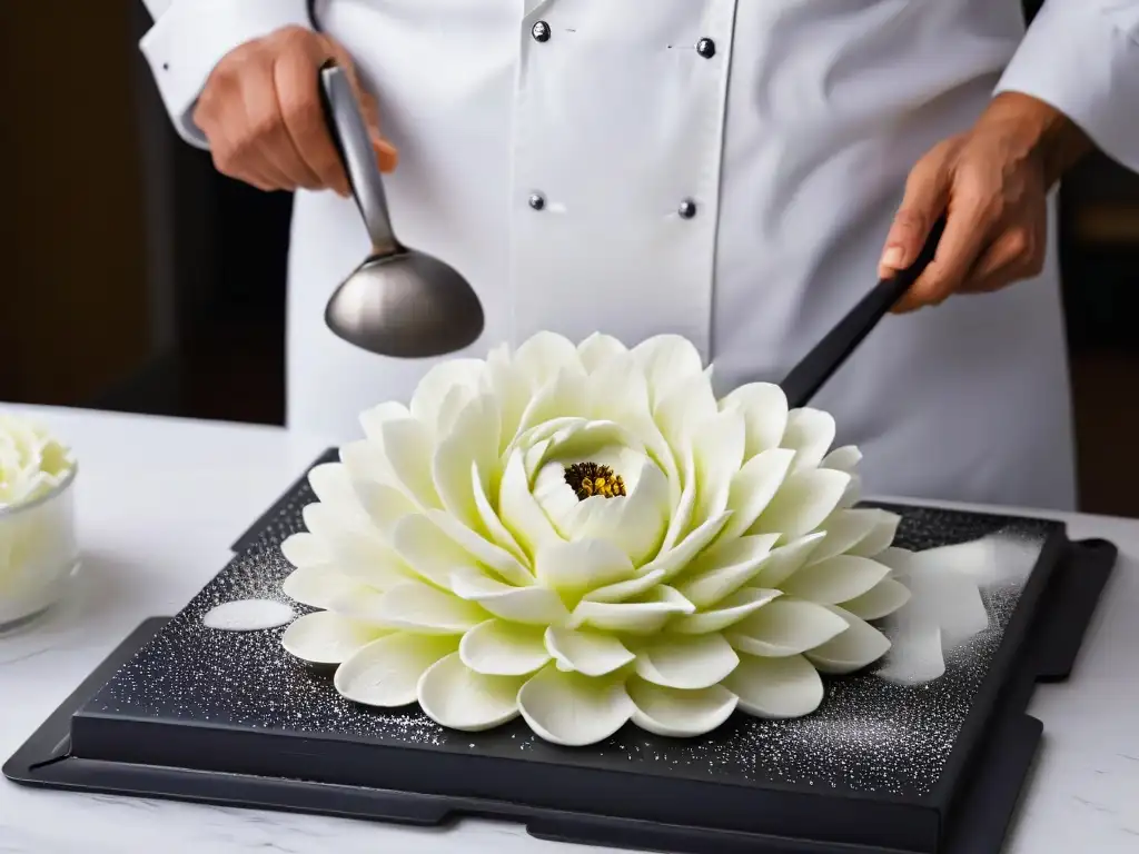 Manos de chef creando delicadas flores de azúcar para concursos de repostería con precisión y dedicación
