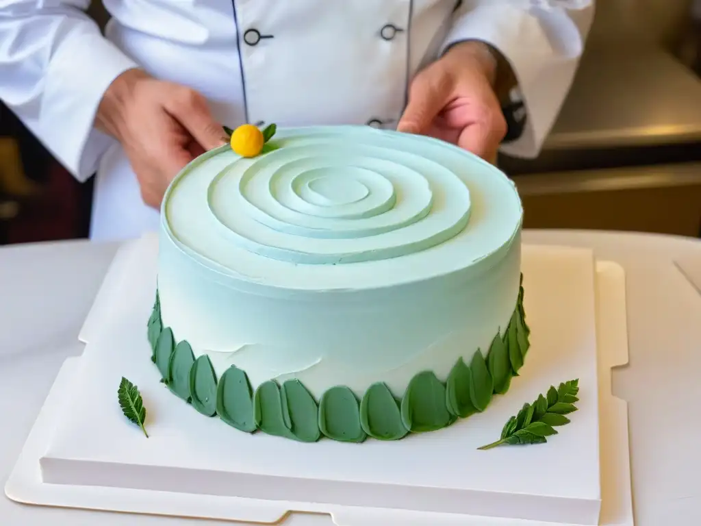 Manos de chef decorando pastel con precisión y elegancia para concurso de repostería