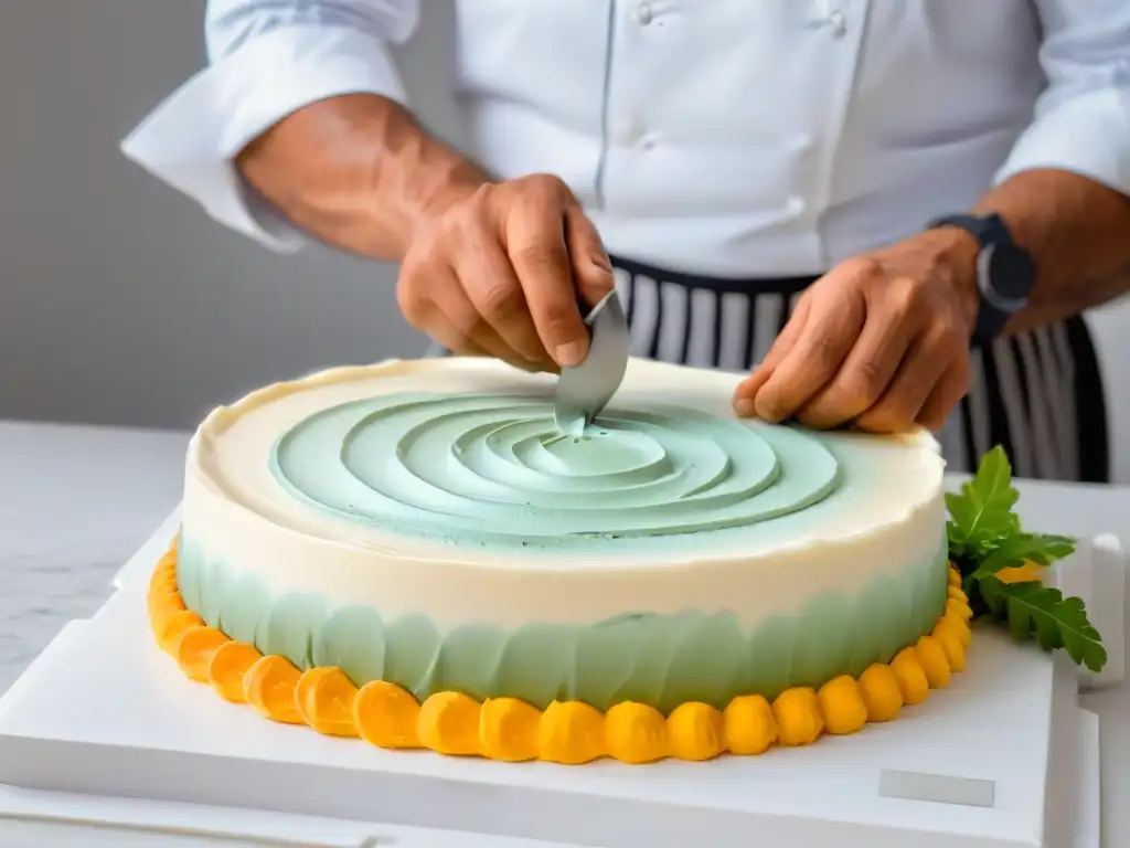 Manos de chef decorando pastelería con precisión y destreza