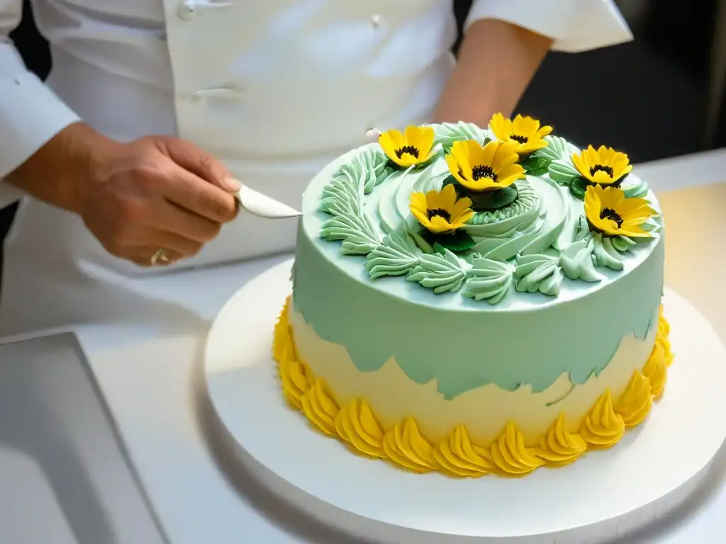 Manos de chef pastelero en concurso de repostería, creando detalles con precisión en elegante pastel