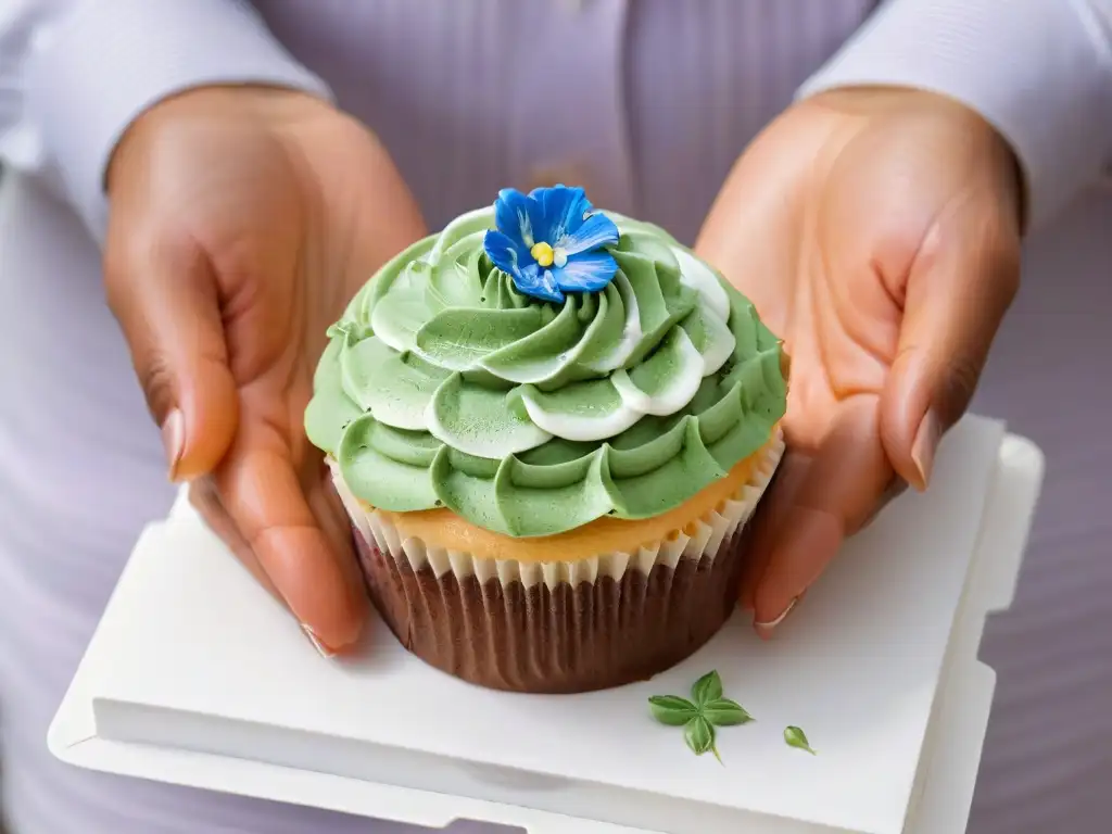 Manos cuidadosas sostienen un exquisito cupcake decorado, destacando la artesanía en repostería de comercio justo repostería beneficios mutuos