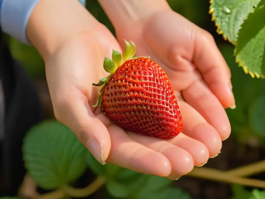 Manos cuidadosas sostienen una jugosa fresa roja en un campo soleado de fresas, destacando cada semilla y gota de agua