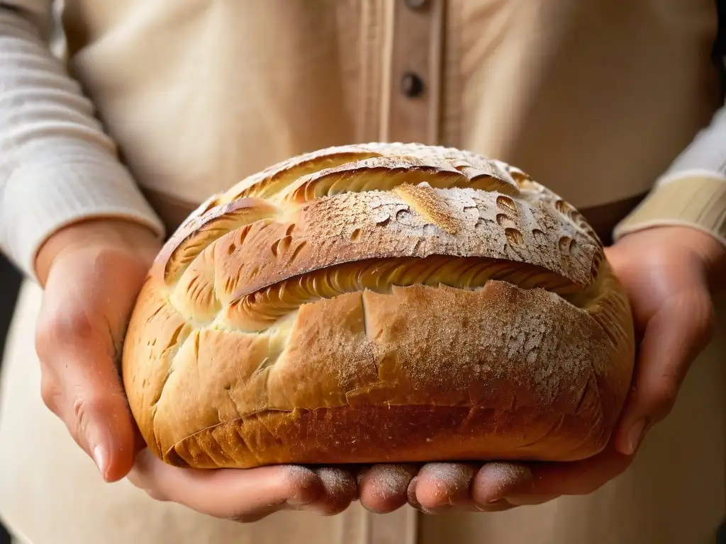 Unas manos cuidadosas sostienen un pan artesanal recién horneado, realzando la repostería sostenible