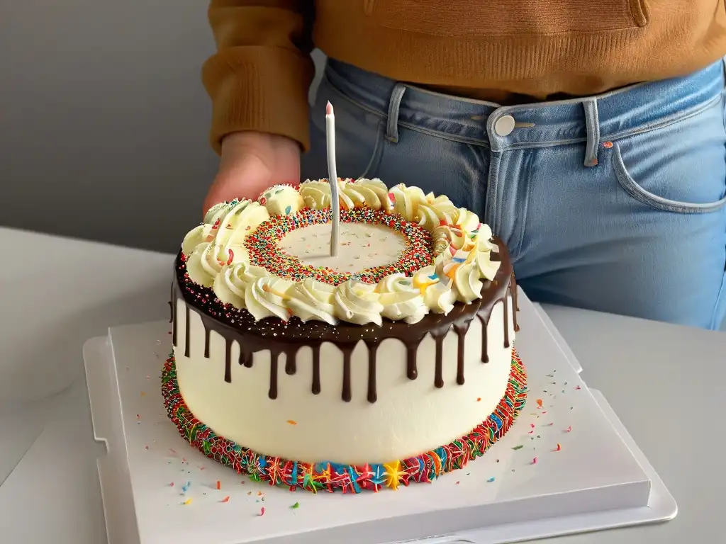 Detalles creativos: decoración de pastel en Milk Bar Manos cuidadosas decorando un pastel de cumpleaños con chispas de colores, reflejando la creatividad de Christina Tosi Milk Bar