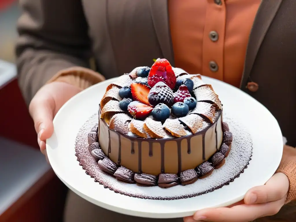 Manos sostienen delicada repostería de comercio justo con frutas frescas y chocolate brillante en plato blanco elegante