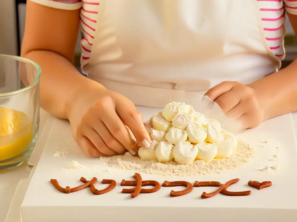 Manos delicadas firman 'dulce' en lenguaje de señas en un entorno de cocina, con un toque de harina