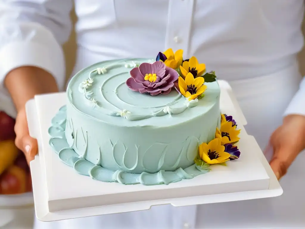 Manos delicadas sostienen un exquisito postre decorado con elegancia