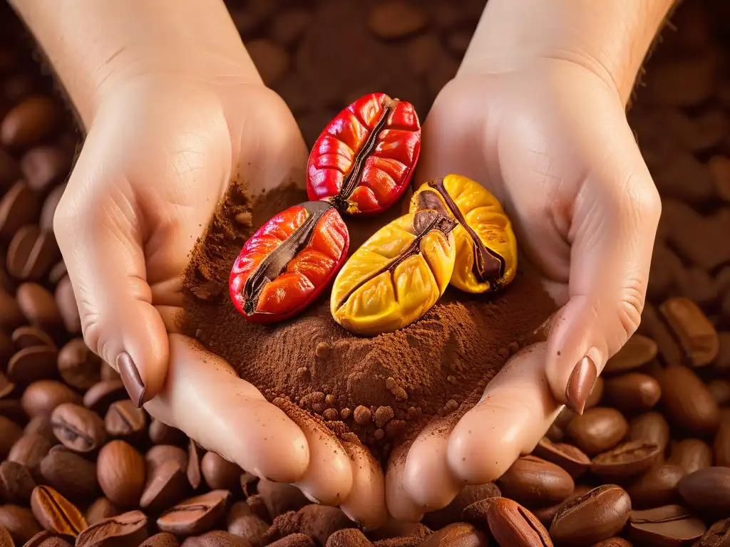 Unas manos delicadas sostienen un grano de cacao, destacando texturas y colores