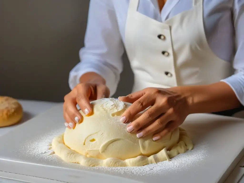 Manos delicadas moldeando masa con luz suave, en repostería adaptada para túnel carpiano