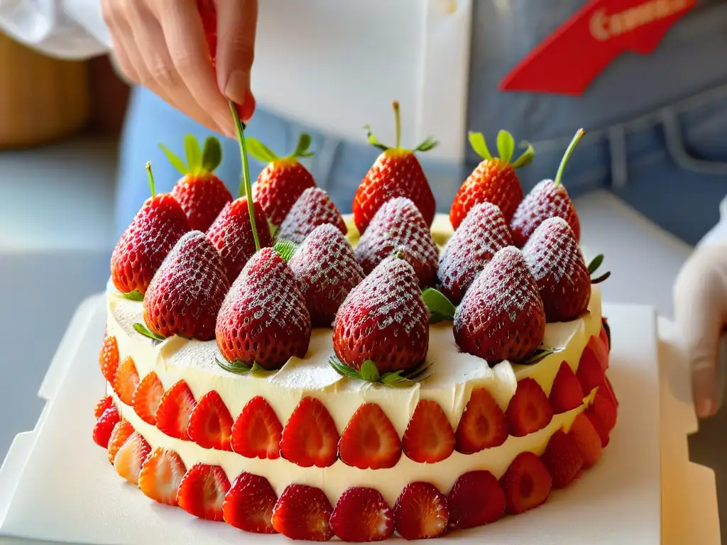 Unas manos colocan con delicadeza fresas rojas y brillantes sobre un pastel dorado, reflejando prácticas éticas en repostería