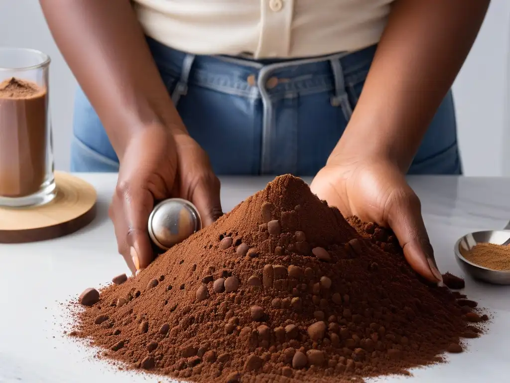 Unas manos diversas miden cacao orgánico Fair Trade en una cocina elegante