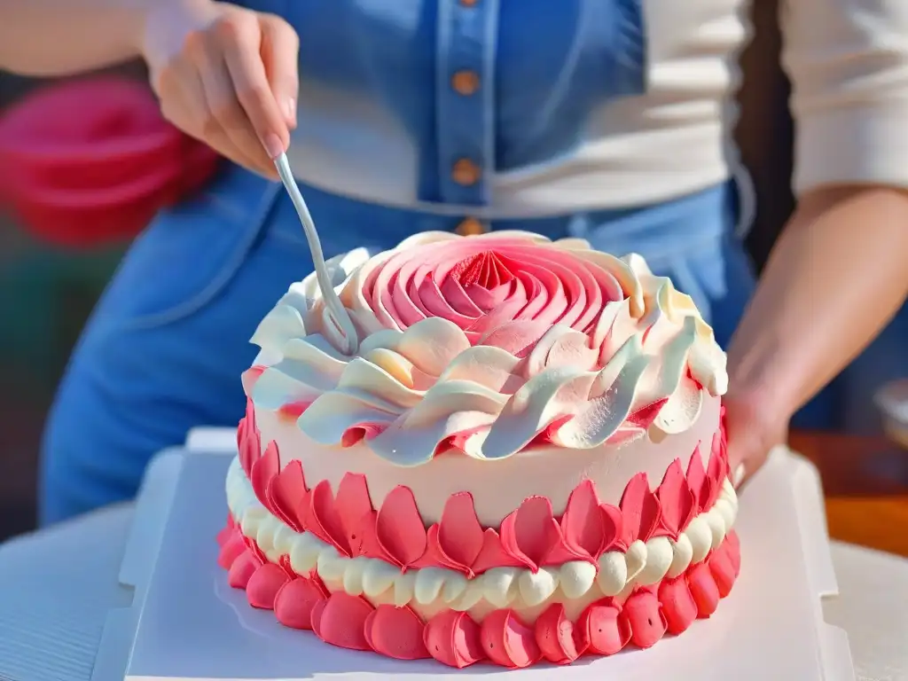 Manos empoderadas decorando una torta con glaseado rosa vibrante