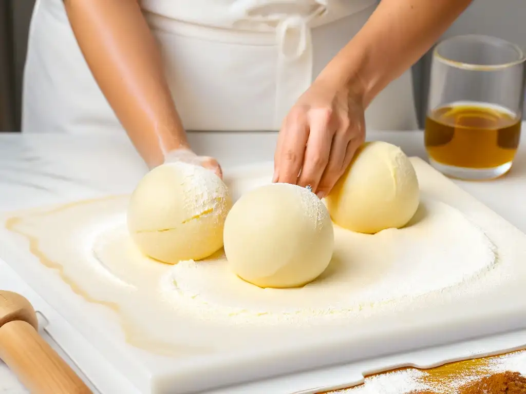 Manos expertas formando bolitas de masa para Receta Golden Syrup Dumplings caseros en mármol blanco