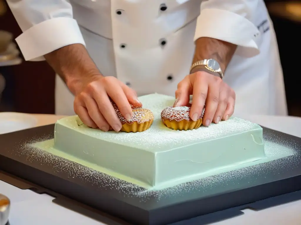 Manos expertas de chef pastelero decorando con precisión en concurso de repostería