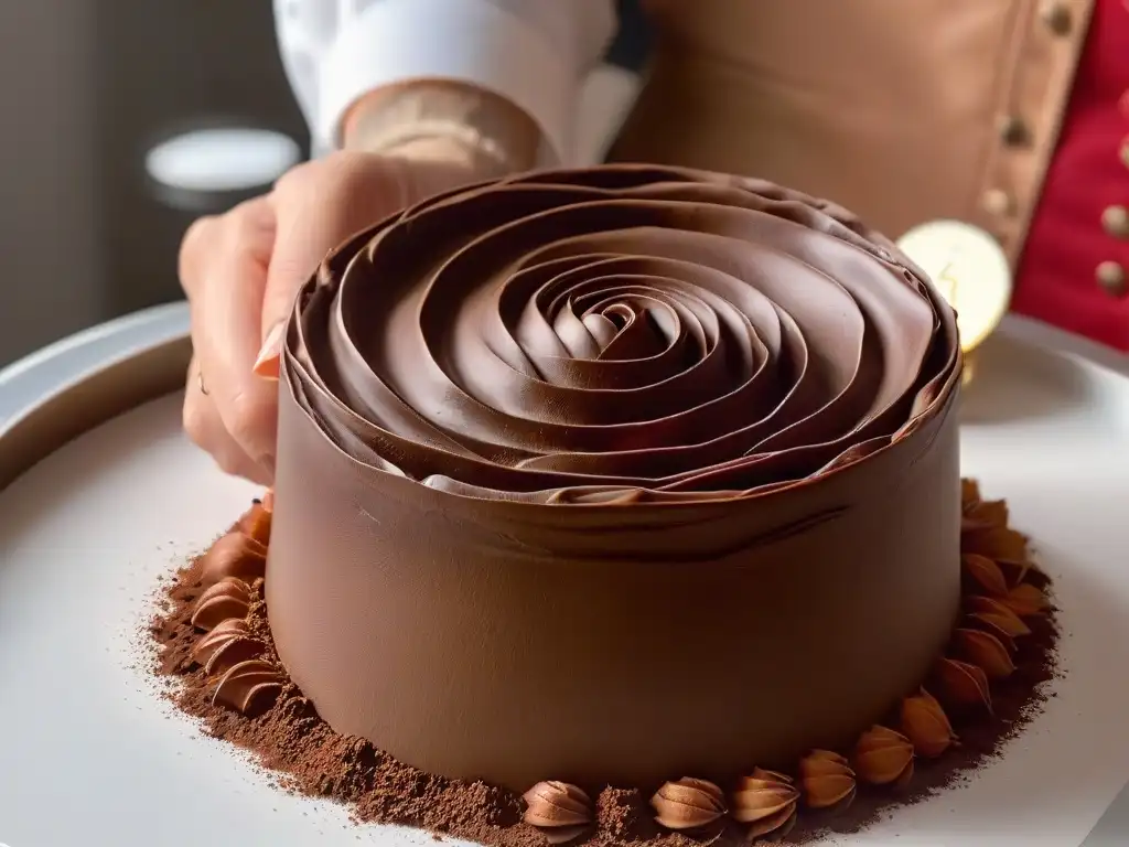 Escultura de rosa de chocolate: detalle y destreza Unas manos expertas esculpen una delicada rosa de chocolate, mostrando la precisión de las figuras de chocolate para principiantes