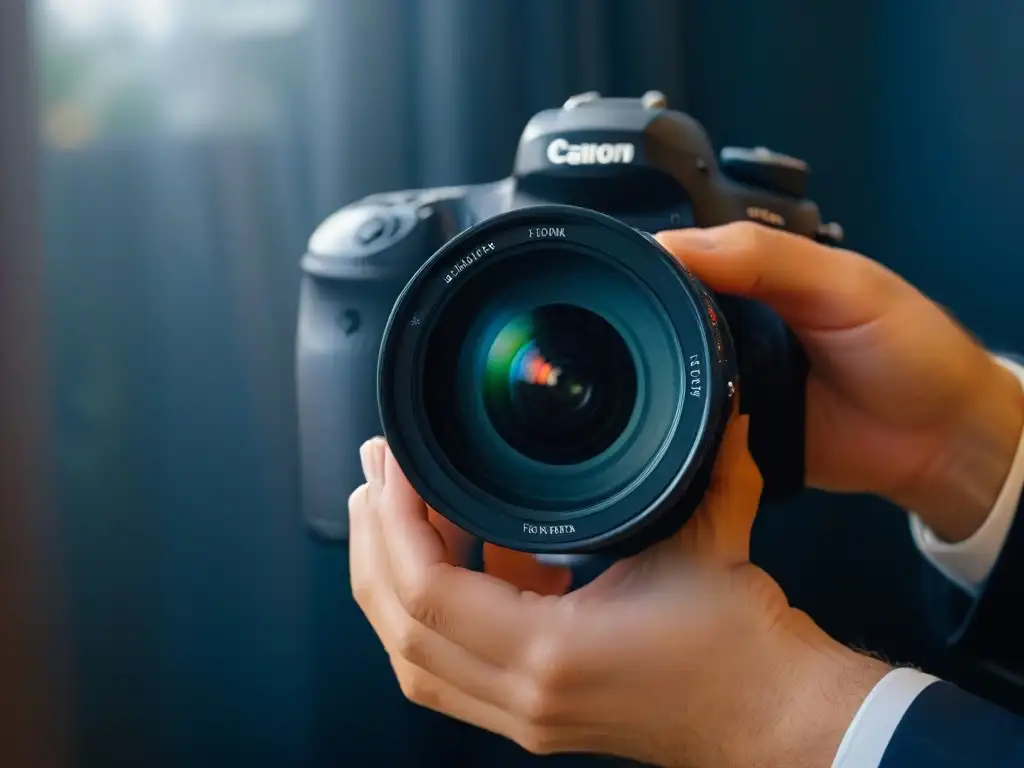 Manos expertas ajustando lente con precisión Manos expertas ajustan lente de cámara con detalle antes de concurso repostería fotografía videografía profesional