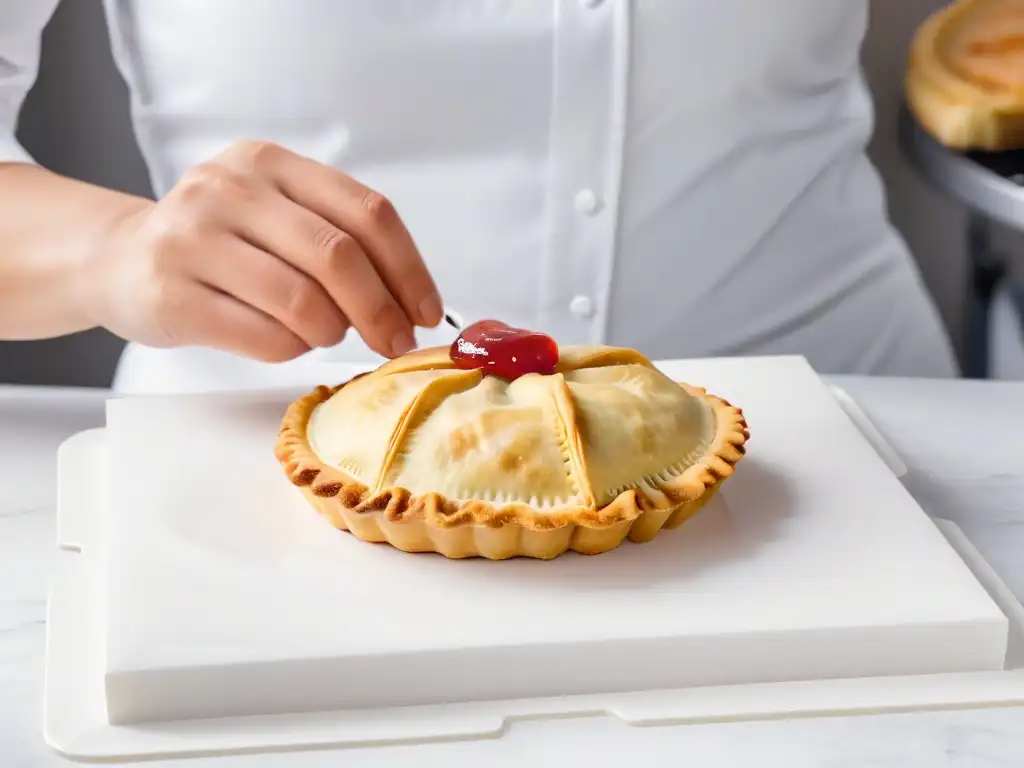 Manos expertas decorando empanadas dulces con precisión y arte sobre mármol blanco