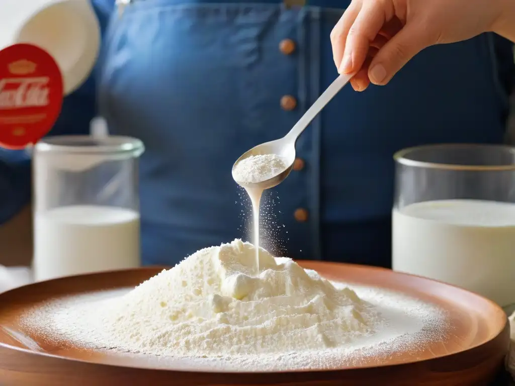 Manos expertas evitan errores al medir ingredientes repostería, capturando la precisión al verter harina en cucharita de medición