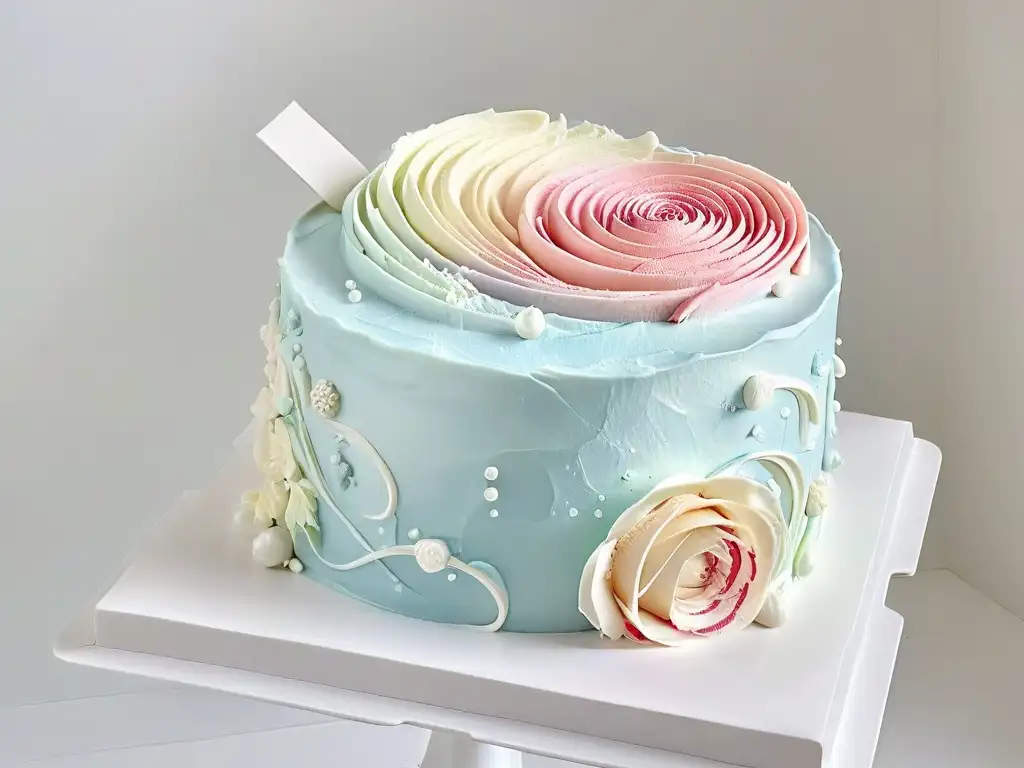 Manos expertas decorando un pastel blanco con crema en tonos pastel