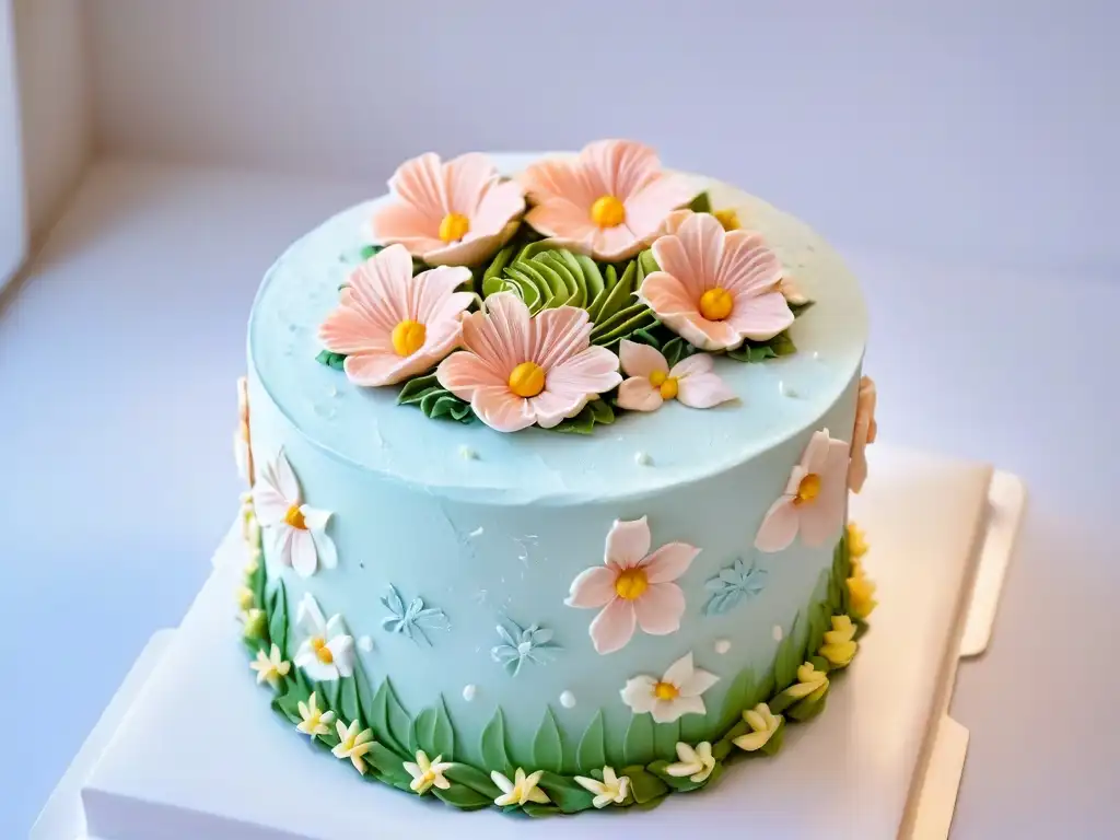 Manos expertas decoran un pastel con flores de buttercream, destacando la destreza de un pastelero