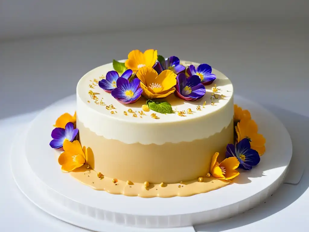 Manos expertas decoran postre con detalles dorados y flores comestibles