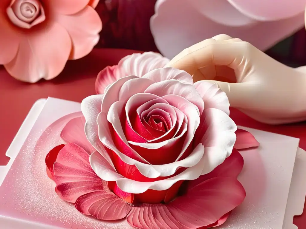 Unas manos expertas crean una rosa de azúcar petalo a pétalo, mostrando el arte de hacer rosas de azúcar en un tutorial detallado