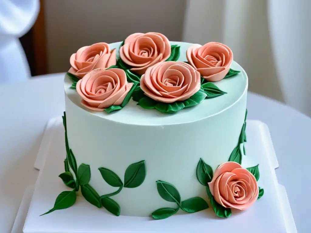 Maestría en Fondant: Creando Rosas de Azúcar Manos expertas moldeando rosas de fondant en un pastel de varios pisos