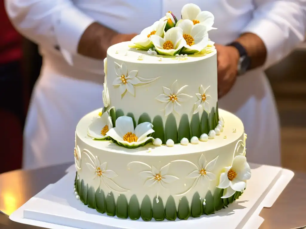 Manos expertas decorando una tarta de bodas con meticulosos detalles florales
