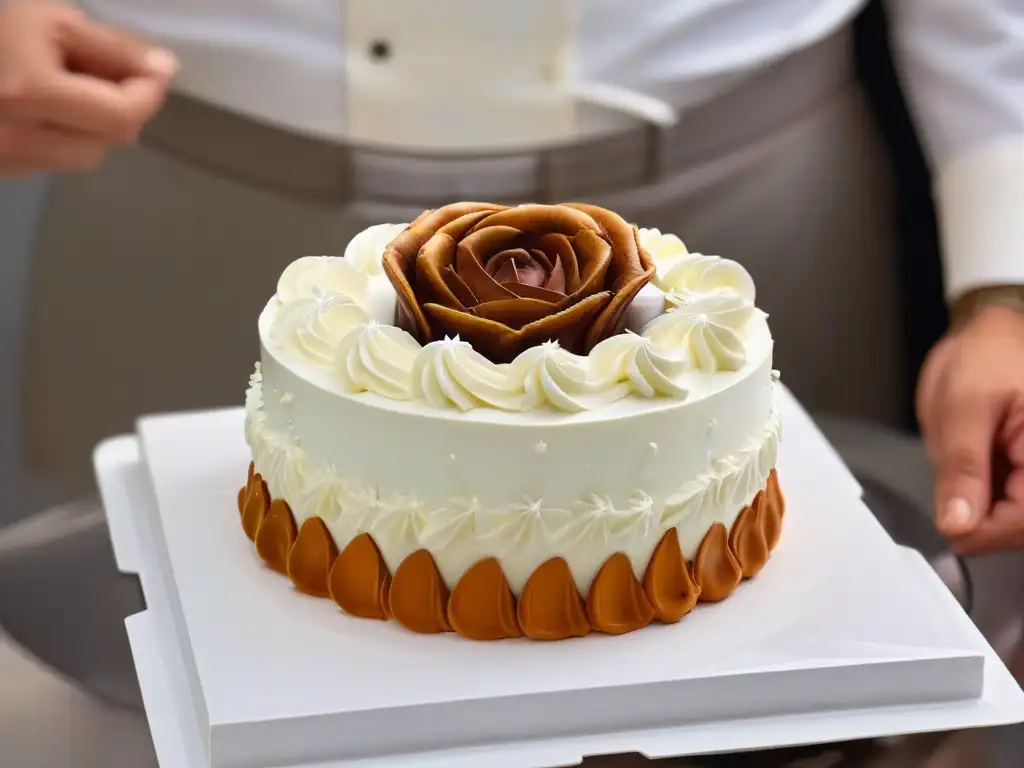 Chef experto en decoración de pasteles: precisión y arte Manos expertas decorando una torta con precisión y destreza