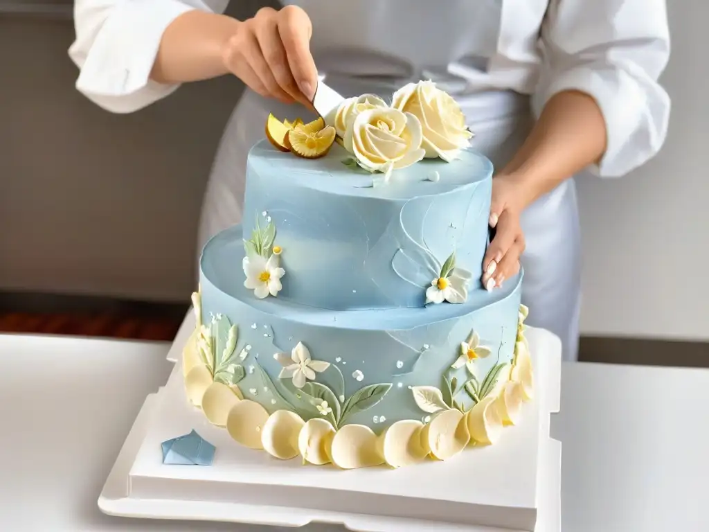 Manos expertas decoran una torta sostenible con diseños precisos, reflejando tendencias globales en repostería