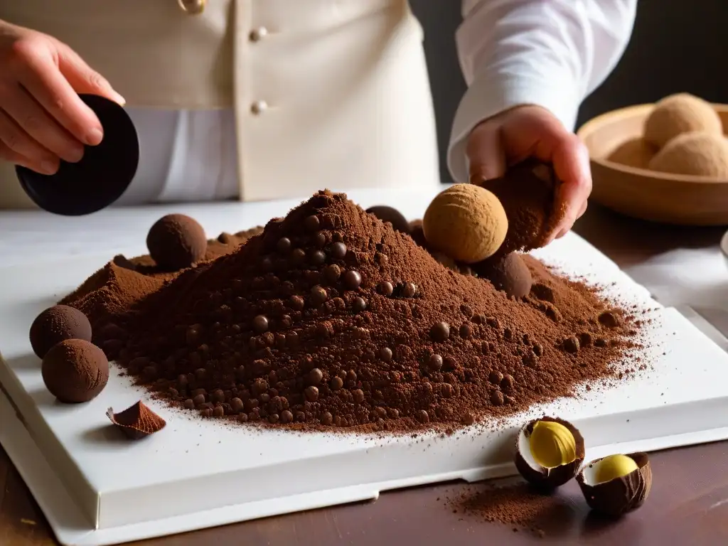 Manos expertas preparan trufas de bizcocho con restos, mostrando el proceso detallado y la elegancia en la cocina