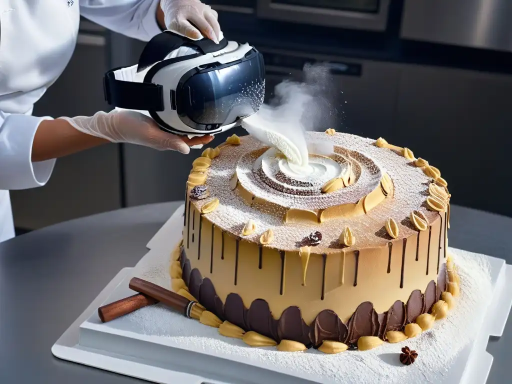 Manos en guantes de Realidad Virtual moldean una tarta digital en cocina virtual hiperrealista, destacando cursos de repostería en Realidad Virtual